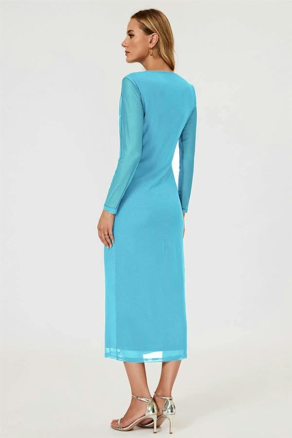 FS Collection Long Sleeves Mesh Midi Dress In Aqua