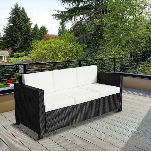 3 Seater Rattan Sofa All-Weather Wicker Weave Metal Frame Chair with Fire Resistant Cushion, Black