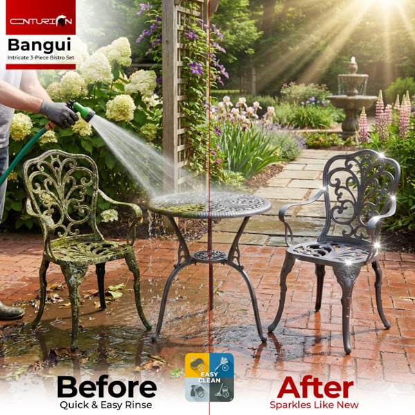 Centurion Supports BANGUI Grey Luxurious Garden and Patio Table and 2 Large Chairs with Armrests Cast Aluminium Bistro Set