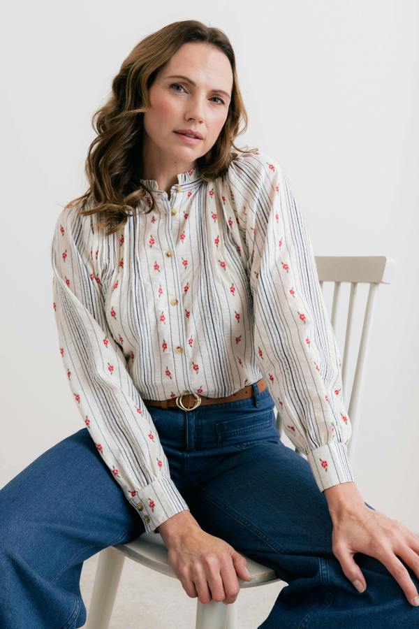 Lily & Me Flora Embroidered Stripe Blouse Ecru