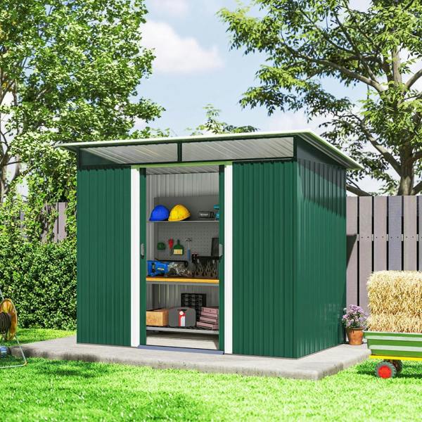 Green metal garden shed with open double doors and interior storage shelves