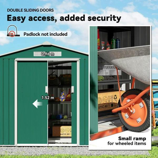 Green metal shed with double sliding doors, open front view of storage interior