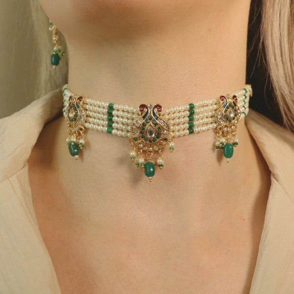 The Colourful Aura Traditional Ethnic Multi Strand White Pearl Dangle Diana Choker