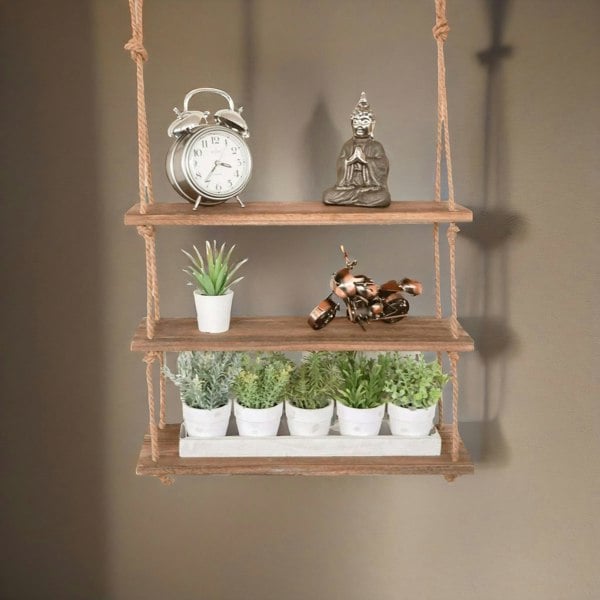 Rafaelo Mobilia 3 Tier Wooden Hanging Shelves With Rope Detail