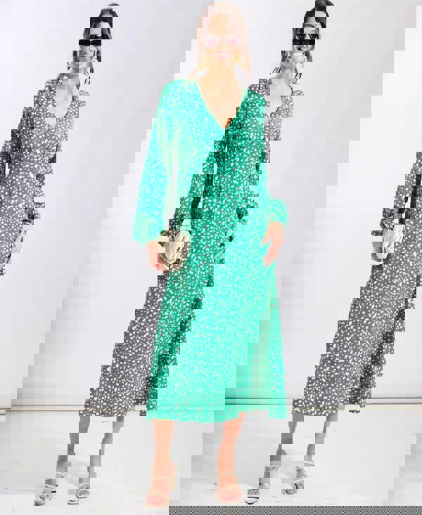 Green Spot Long Sleeve Midi Dress
