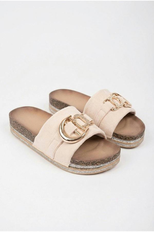 Mia Womens Embellished Cork Platform Sliders - BEIGE