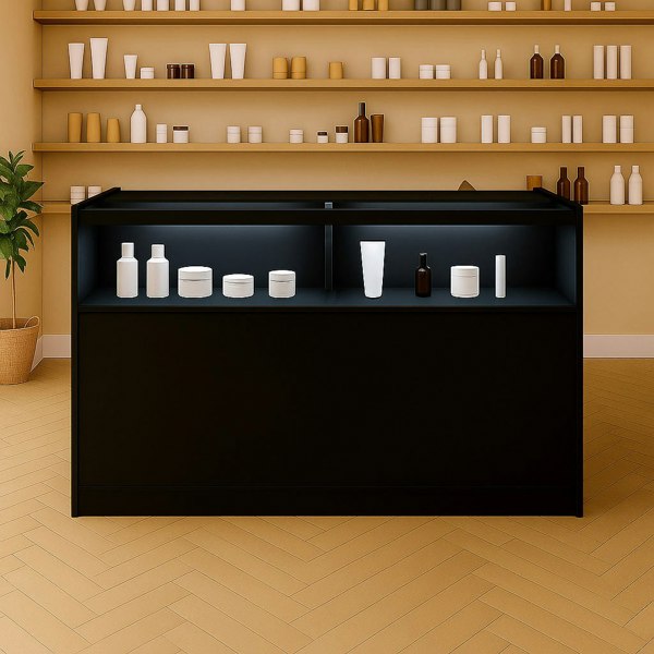 Sleek black LED retail shop counter B1500 with illuminated shelves, displaying various white and brown containers against a warm backdrop