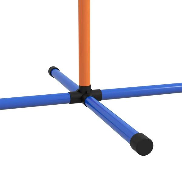 Blue-and-orange hurdle joint connector with padded black collars and orange upright