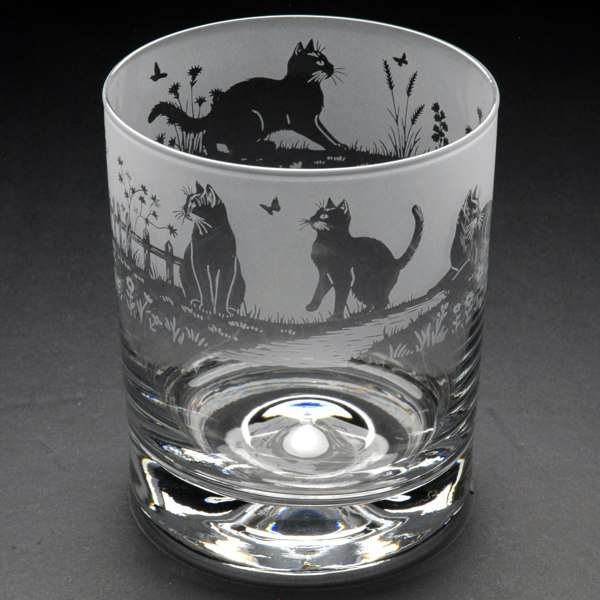 Glyptic Glass Art Meadow Cats Whiskey Tumbler Glass - Hand Etched/Engraved Gift
