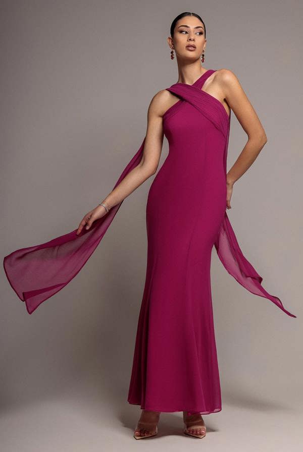 Cross Front Scarf Back Chiffon Mermaid Maxi Dress - Magenta DR4831
