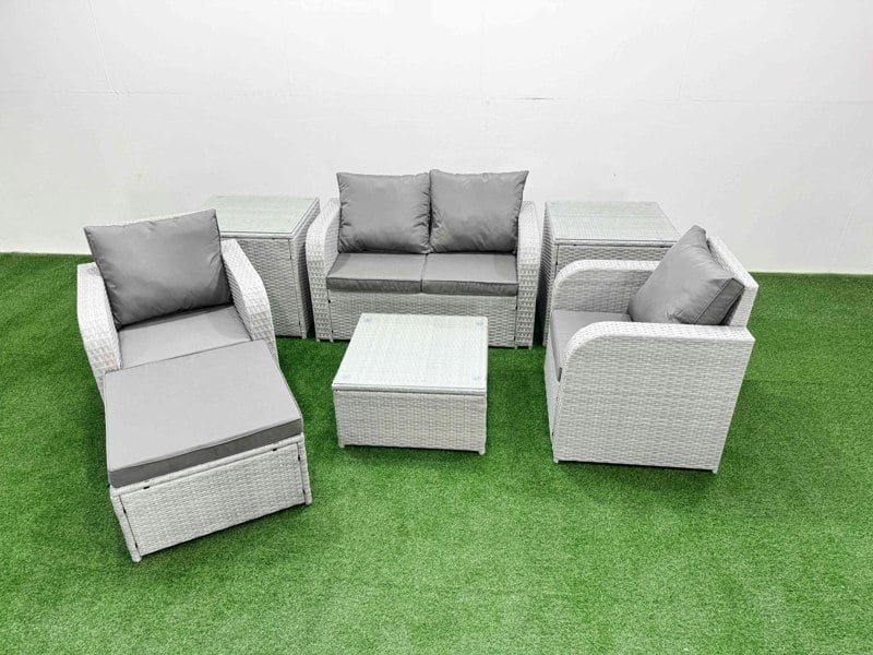 Fimous Light Grey PE Wicker Rattan Garden Furniture Set Sofa Set Reclining Adjustable Chair Square Coffee Table 5 Seater With Footstool 2 Side Table