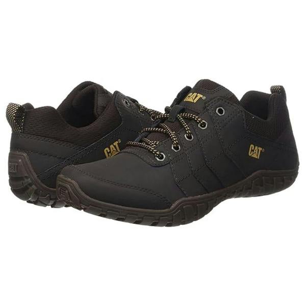 Caterpillar Instruct Mens Lace Up Casual Leather Trainer Shoes, black durable leather construction with lace-up closure and cushioned collar, rugged rubber outsole for grip.