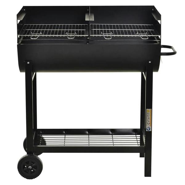 Black charcoal BBQ grill with open lid, two cooking grates, and lower warming shelf