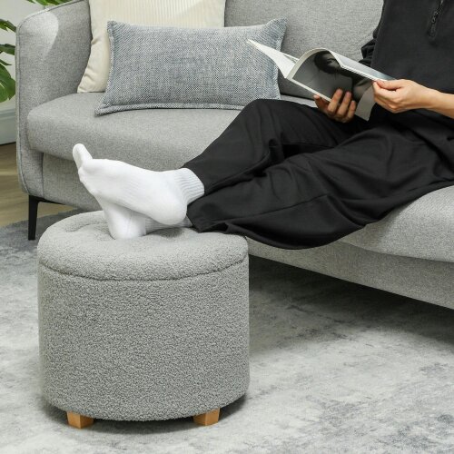 Wyld Haus Valefi Teddy Fleece Light Grey Storage Ottoman Diamond Tufted Lid