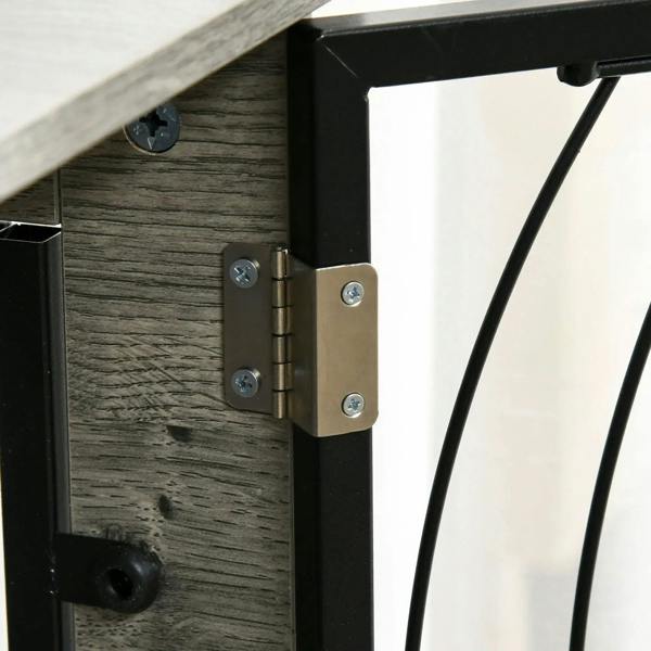 Grey dog crate end table with door hinge and latch on black wire frame