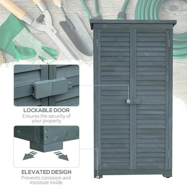 Grey fir wood garden shed with closed double doors and door handle detail.