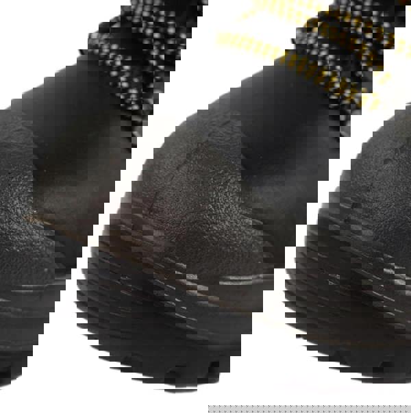 Grisport GriSport Dynamite Mens Tall Hi-Leg S3 Safety Steel Toe/Midsole Work Boots, close-up view of the black safety work boots showing the steel toe cap, textured toe area, and yellow and black laces.