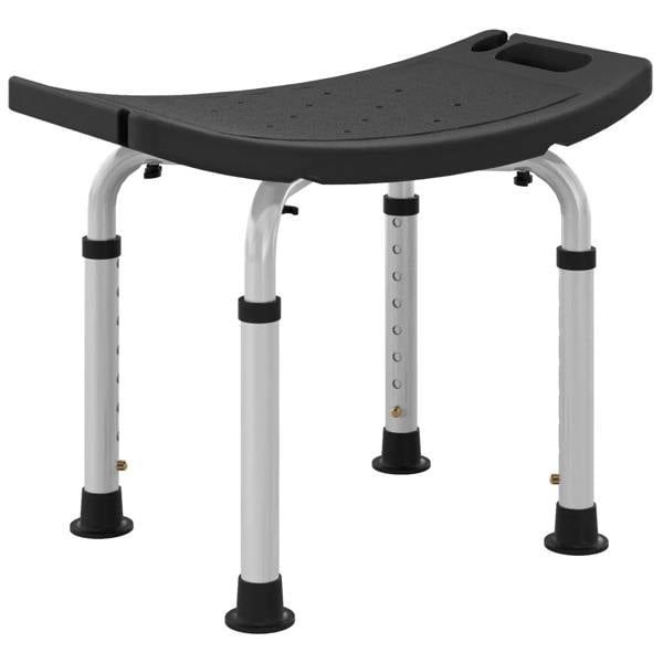 Height-adjustable bath stool, black padded seat, aluminum legs with non-slip pads