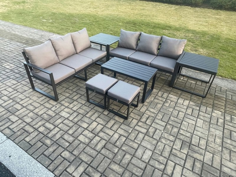 Fimous Aluminium Patio Outdoor Garden Furniture Lounge Sofa Set with Oblong Coffee Table 2 Small Footstools 2 Side Tables Dark Grey