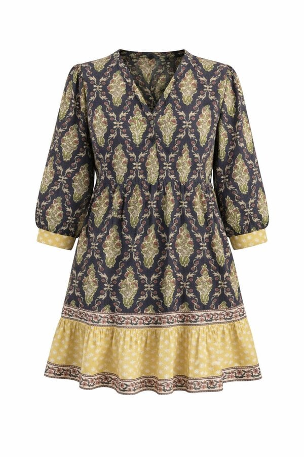 Bella Inky Knee length wood block printed dress with contrast border. 100% cotton with pockets and shell buttons