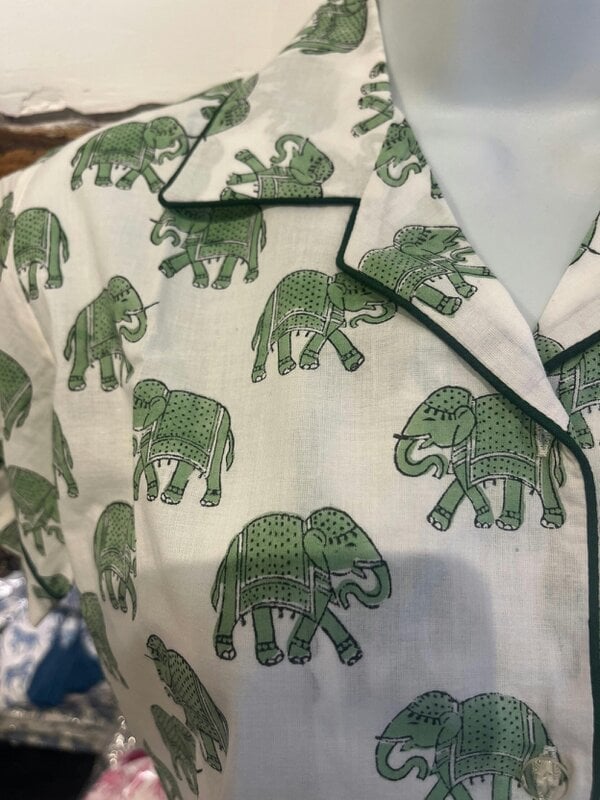 Short Sleeve Green Woodblock Elephant print pyjamas - Adult
