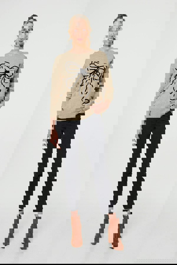 Beige | Bow Embellished Drop Shoulder Knit Jumper