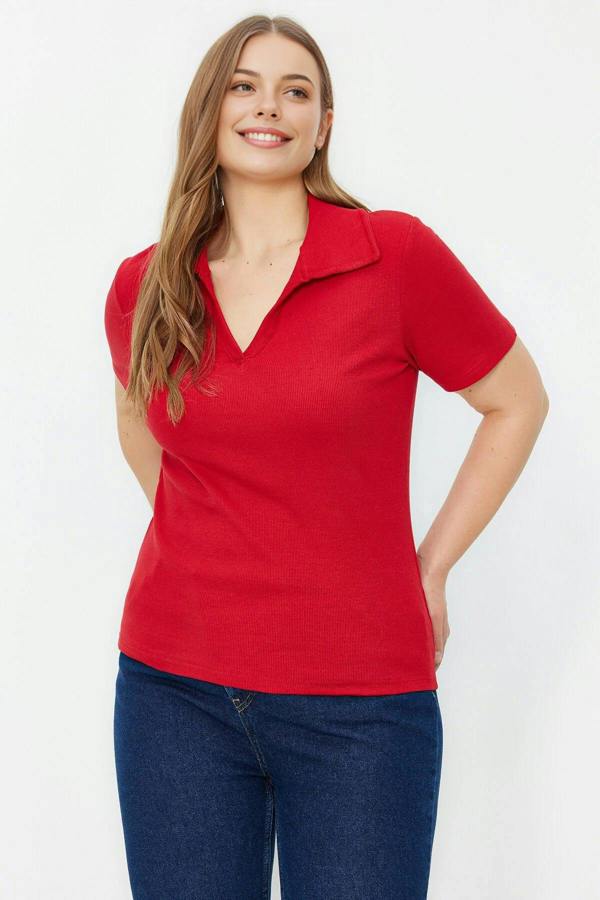 WOVCOR Polo Collar Body-Fitting Ribbed Knit Blouse