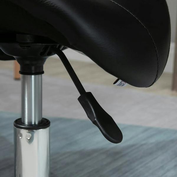 Side view of black saddle stool base with caster, black arm supports, and chrome stem