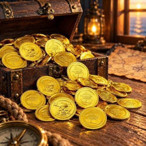 Shatchi 3.5cm Gold Pirate Coins 100 Pack Novelty Plastic Treasure Props for Party Displays