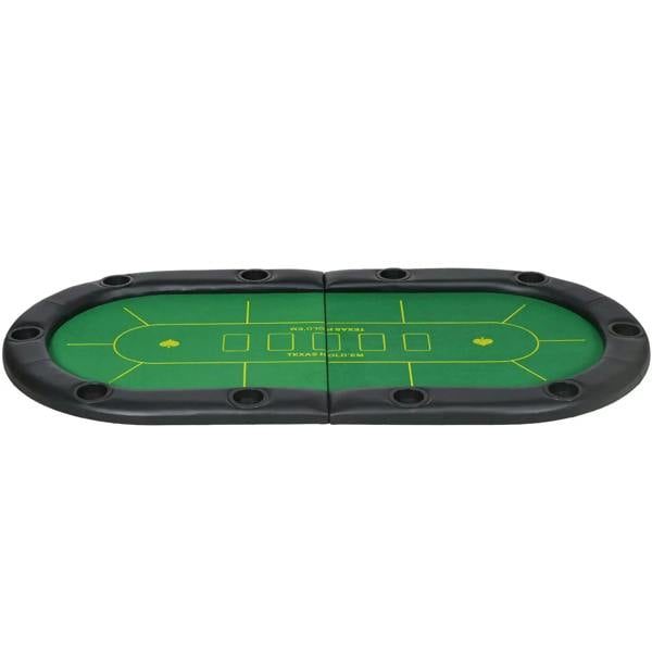 Foldable green poker mat with black edge and circular cup holders around the rim
