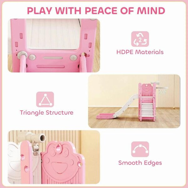 5 in 1 Kids Slide Set with Basketball Hoop, Climbing Frame, Telescope, Storage Box for Toddlers Ages 1-3, Pink