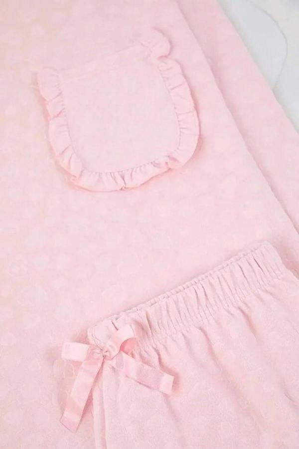WOVCOR 2-Piece Heart Patterned Ruffled and Pocketed Knitted Pajama Set