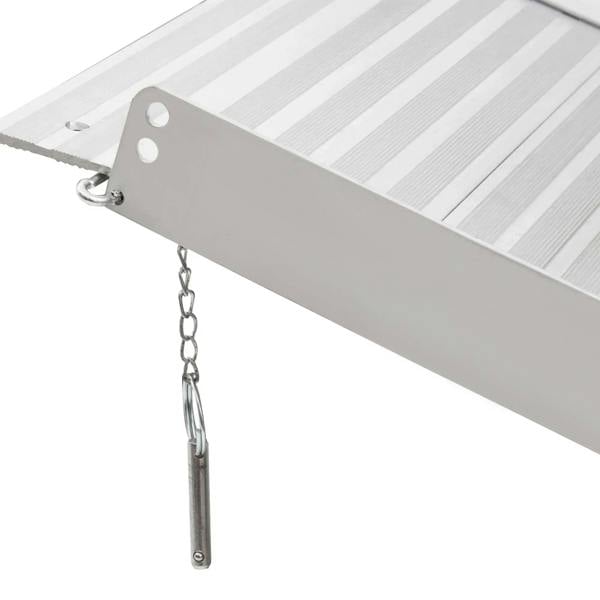 Aluminum ramp end bracket with chain and mounting points for secure placement