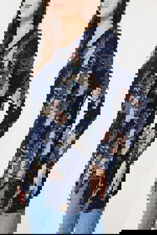 Navy | Floral Print Asymmetric Button Top