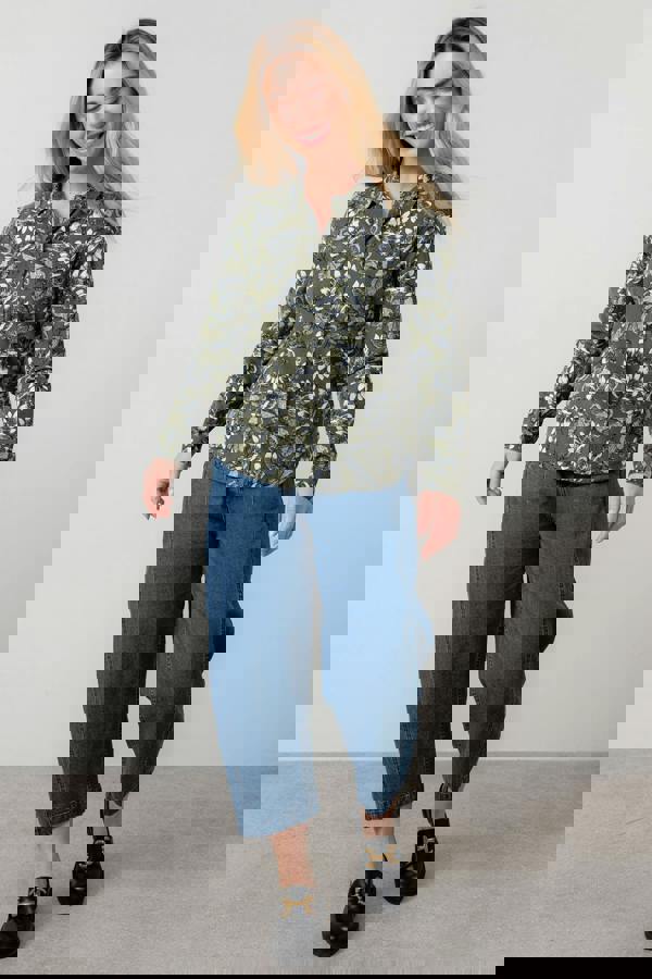 Lily & Me Patsy Cotton Pincord Floral Shirt Moss