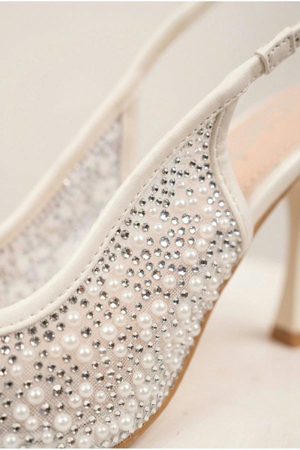 Saoirse Embellished Mesh Pointed Toe Heels - White