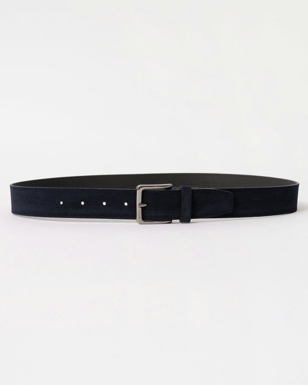 BOSS Orange Ronnie Mens Suede Belt with Logo-Engraved Gunmetal Buckle - Dark Blue 401
