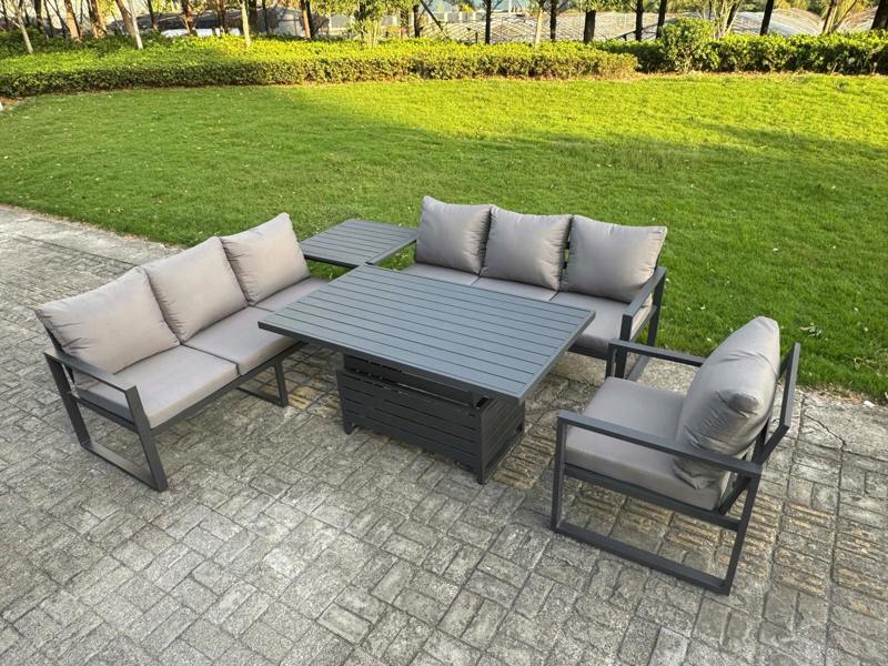 Fimous Aluminium Garden Furniture Sets,7 Seater Outdoor Sofa Dining Set with Adjustable Rising Lifting Dining Table Side Table Cushions Dark Grey