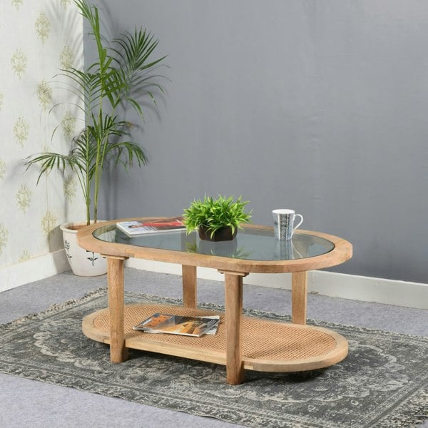 IH Design Monco Mango Wood Coffee Table With Glass Top