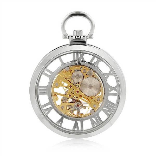 Infinity Leather Open-Face Silver Alloy Mechanical Skeleton Silver Pocket Watch