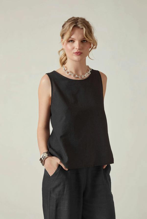 James Lakeland Black Linen Blend Sleeveless Button-Back Top
