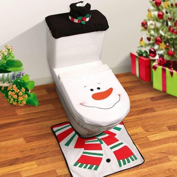 Shatchi Standard Size Christmas Toilet Seat Cover and Bathroom Mat Set, White Snowman Style, 3 Piece Decor