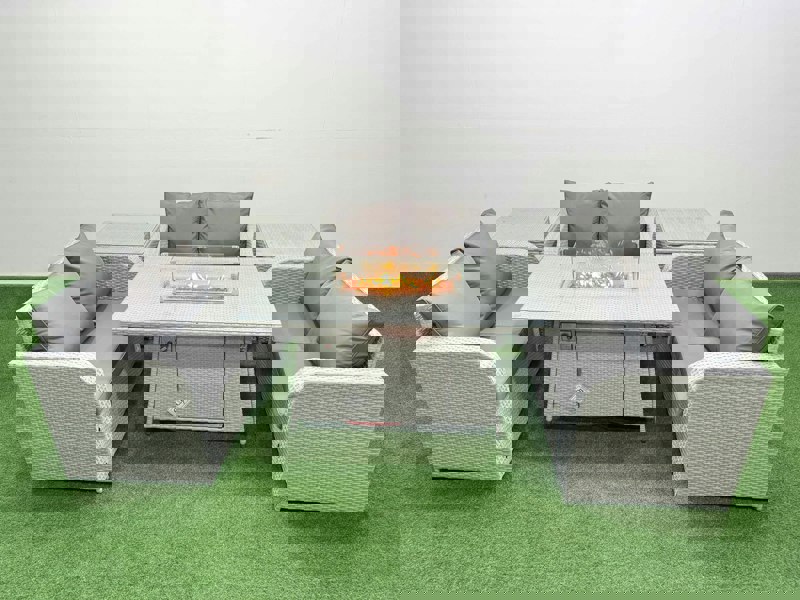 Fimous 6 Seater PE Wicker Rattan Furniture Sofa Sets with Fire Pit Dining Table 2 Seater Love Sofa 2 Side Table Light Grey
