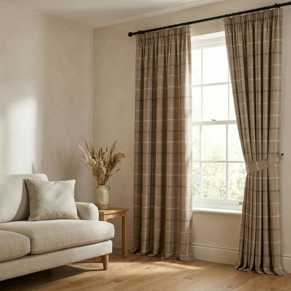 Mull made-to-measure curtains in Latte, styled in a living room