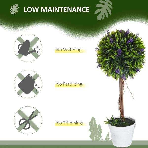 Artificial ball tree plants, green foliage with purple blooms, in white pots