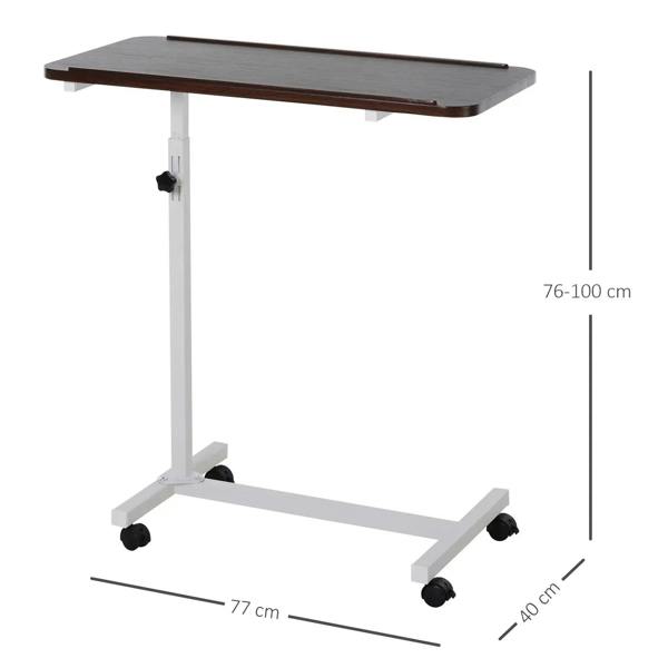 Height-adjustable C-shaped laptop desk with brown top and white four-caster legs