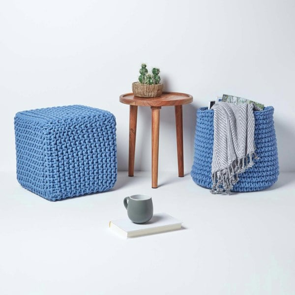 HOMESCAPES Cube Cotton Knitted Pouffe Footstool Bean Filled Hand Knitted