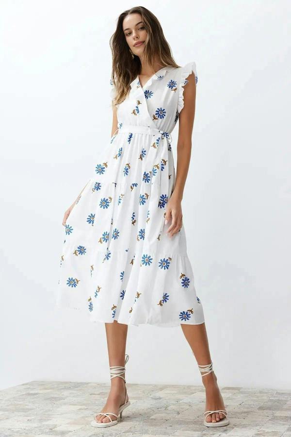WOVCOR Belted A-line Wrap Neckline Lined Midi Woven Dress