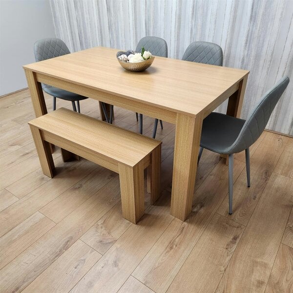 Kosy Koala Wooden Dining Table Set for 6 Oak Effect Table With 4 Grey Gem Patterned  Chairs and 1 Bench