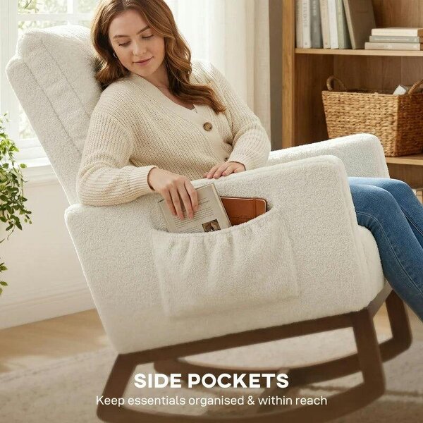 Bobobiy Rocking Chair for Adults, Lounge Rocker Chair with Lumbar Pillow, High Back, Wood Base, Side Pockets, Cream White